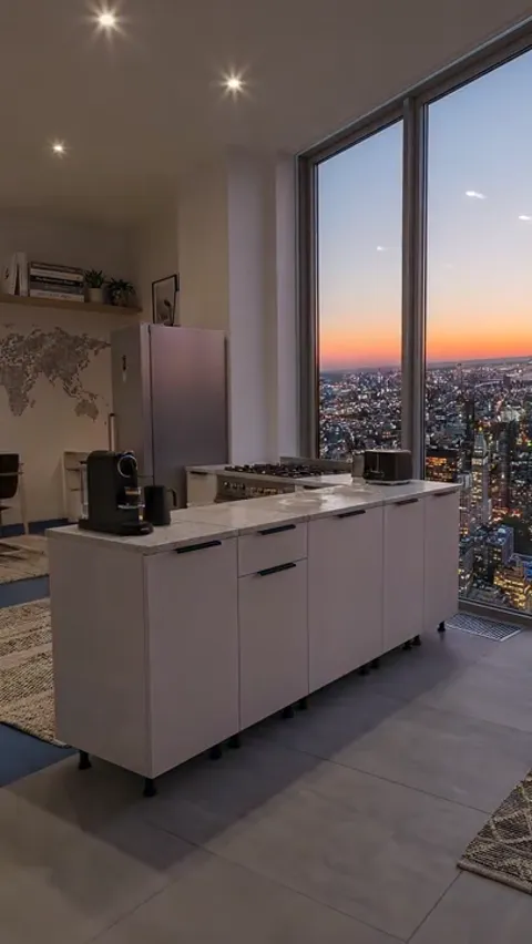 Закат: кухня почти пуста, город за окном в сумерках. Видно, что остров собран из отдельных модулей — швы между фасадами 