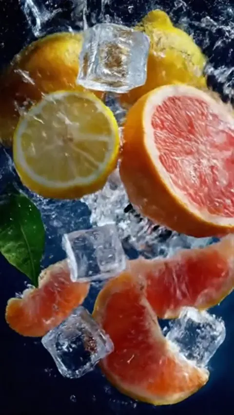 Тёмный фон, разрезанные цитрусы и кубики льда: лимон, грейпфрут, лайм, на них капли воды. Флакона в кадре пока нет.