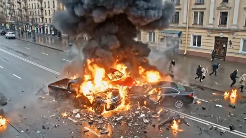 Финал: взрыв на перекрёстке, огонь и чёрный дым, люди бегут. Двадцать восемь секунд собрали сцену, которая в живом произ