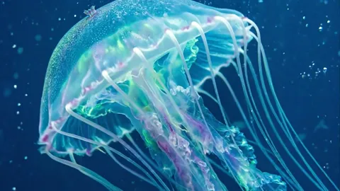 Синяя вода, крупным планом медуза с прозрачным куполом и длинными щупальцами. Кадр выглядит документальной подводной съё